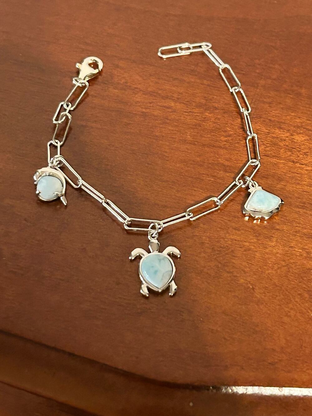 925 Sterling Silver Turtle Dolphin Shell Charm Paperclip Bracelet 7.5"